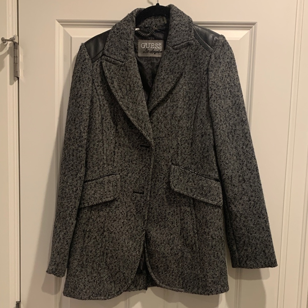 GUESS Women's Gray Tweed Blazer Coat Jacket with Black Details